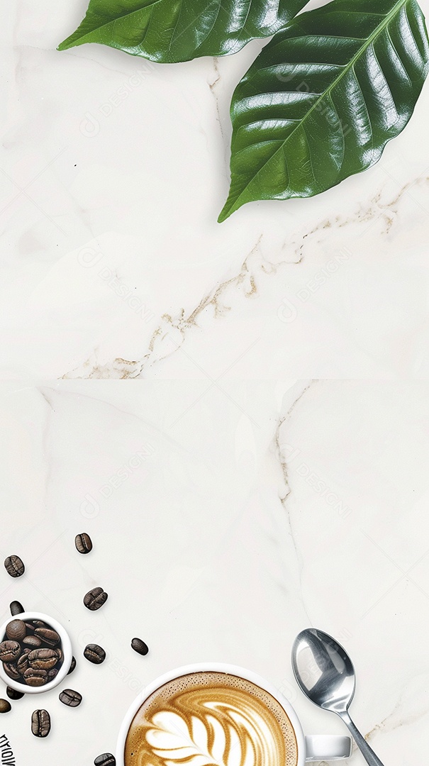 Uma xícara de cappuccino com alguns grãos de café torrados e uma folha de uma planta de café sobre fundo branco