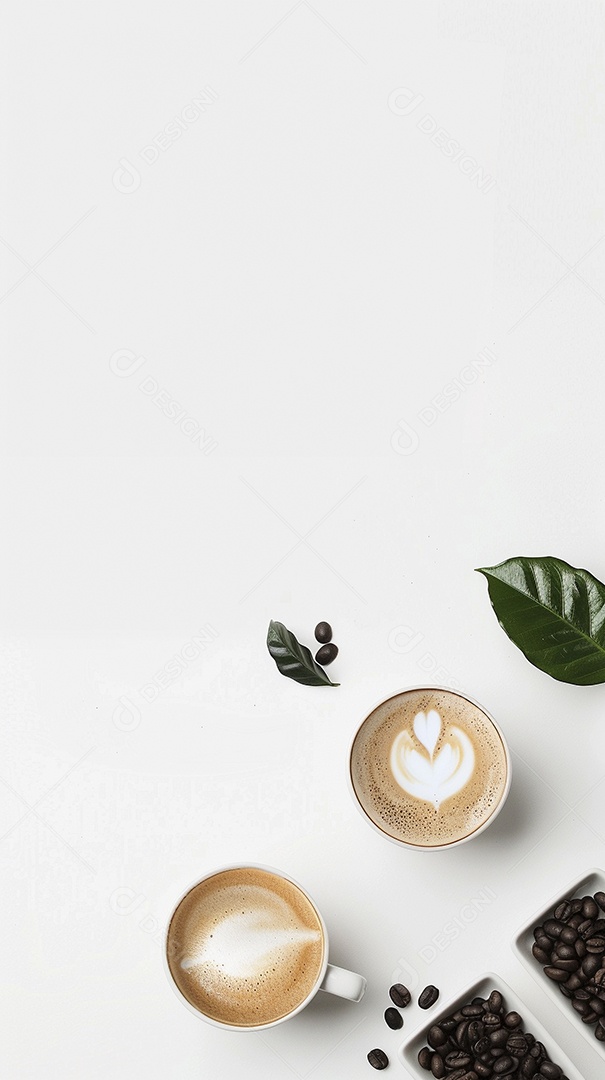 Uma xícara de cappuccino com alguns grãos de café torrados e uma folha de uma planta de café sobre fundo branco