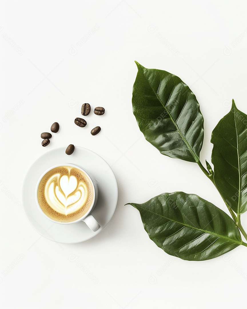 Uma xícara de cappuccino com alguns grãos de café torrados e uma folha de uma planta de café sobre fundo branco