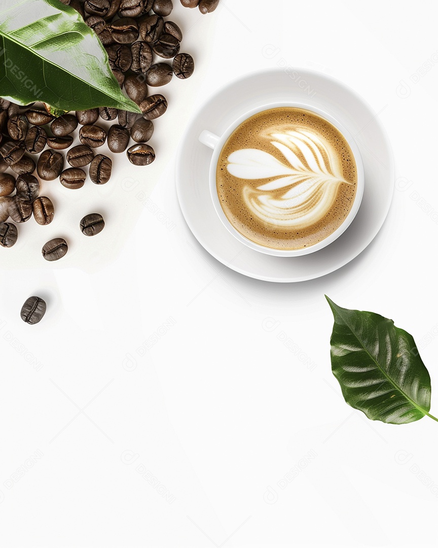 Uma xícara de cappuccino com alguns grãos de café torrados e uma folha de uma planta de café sobre fundo branco