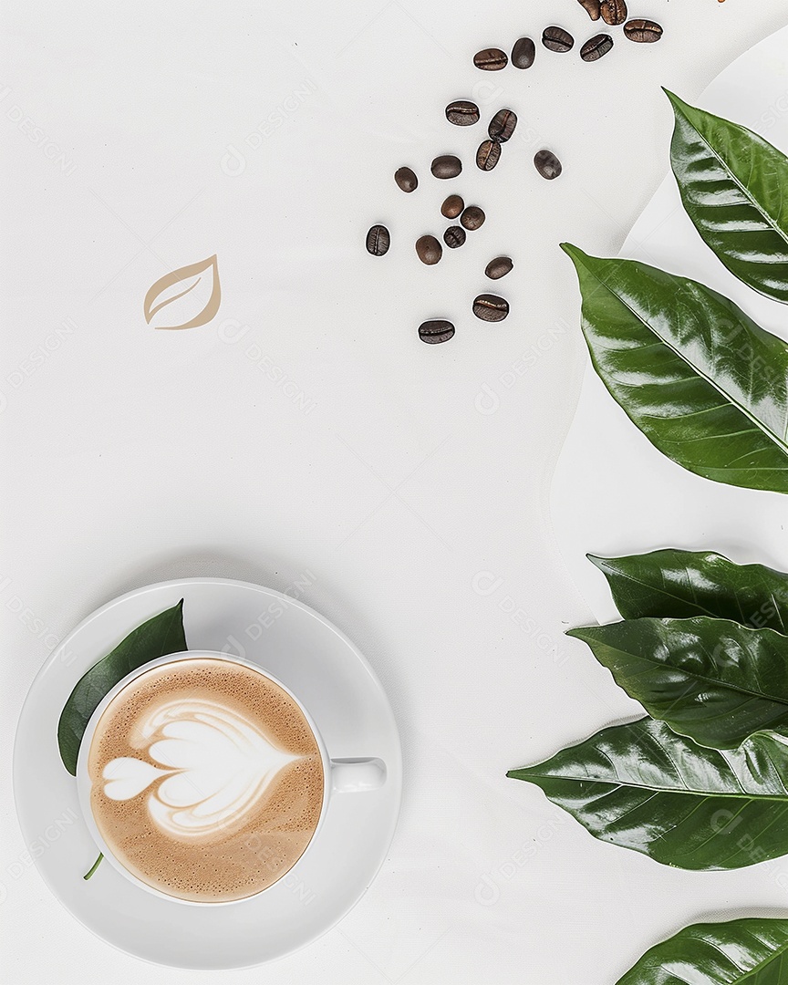Uma xícara de cappuccino com alguns grãos de café torrados e uma folha de uma planta de café sobre fundo branco