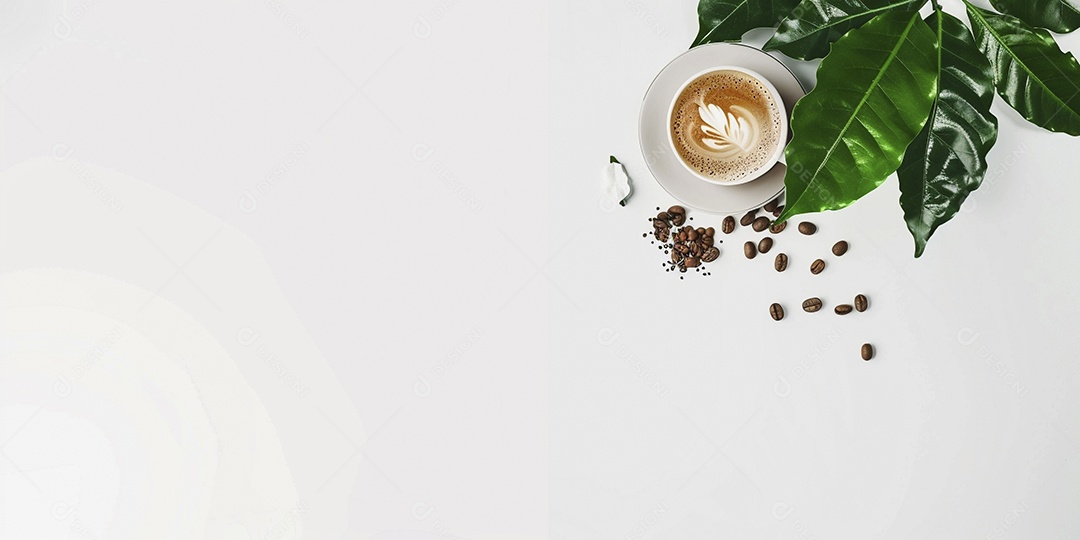 Uma xícara de cappuccino com alguns grãos de café torrados e uma folha de uma planta de café sobre fundo branco
