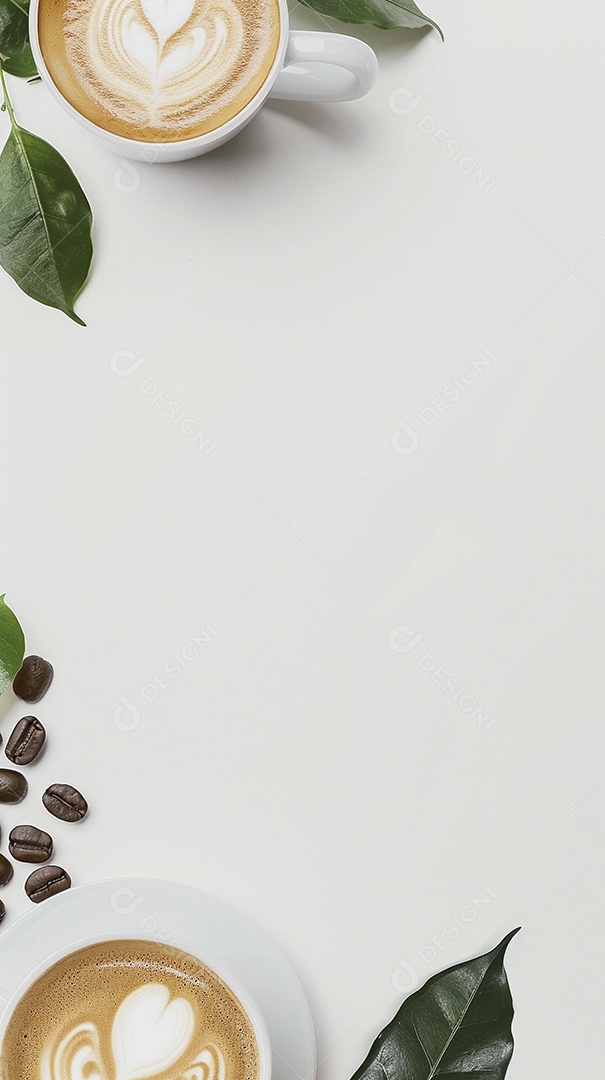 Uma xícara de cappuccino com alguns grãos de café torrados e uma folha de uma planta de café sobre fundo branco