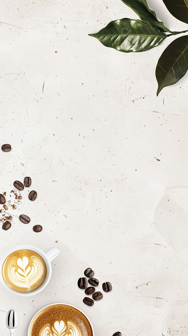 Uma xícara de cappuccino com alguns grãos de café torrados e uma folha de uma planta de café sobre fundo branco