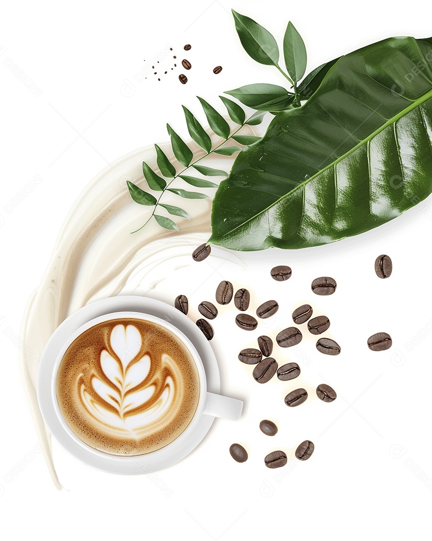 Uma xícara de cappuccino com alguns grãos de café torrados e uma folha de uma planta de café sobre fundo branco