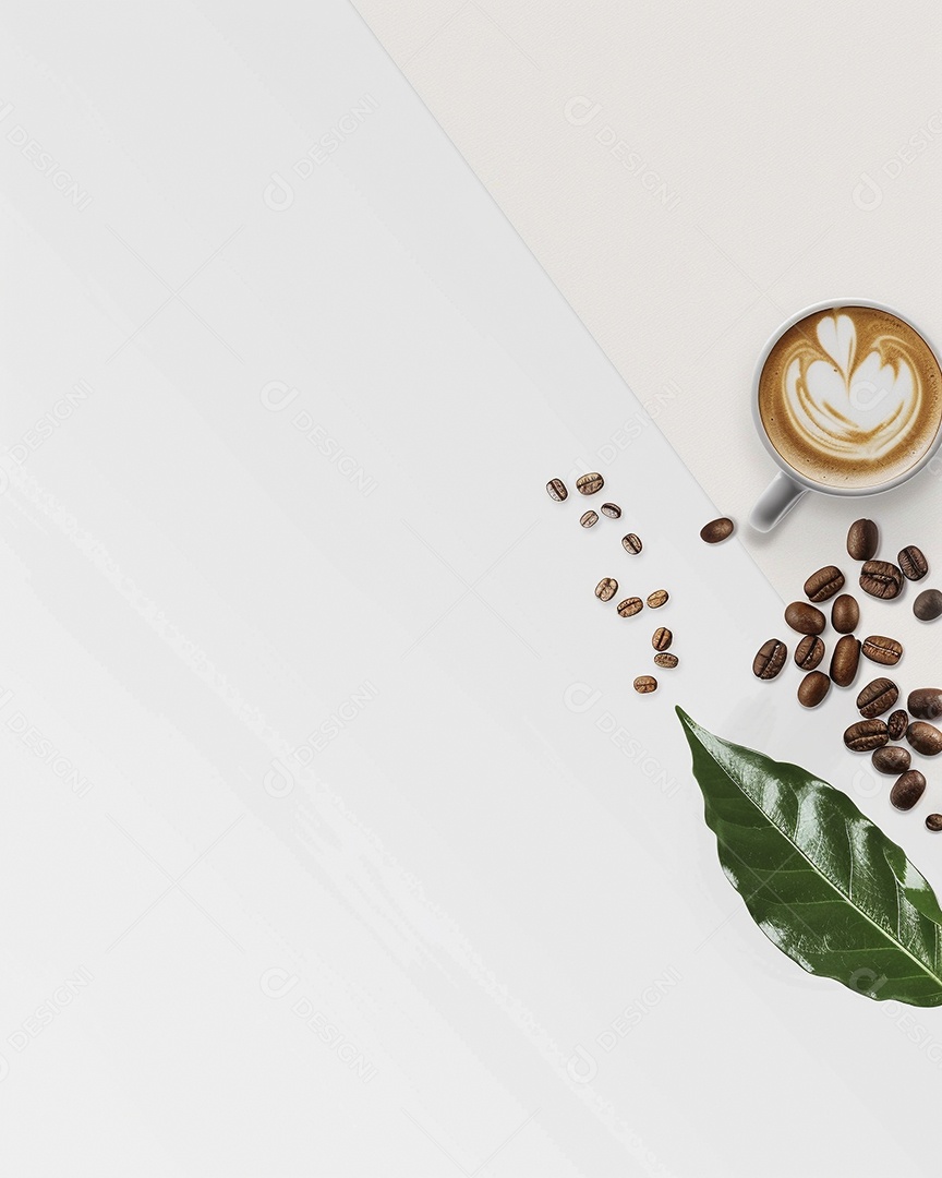 Uma xícara de cappuccino com alguns grãos de café torrados e uma folha de uma planta de café sobre fundo branco