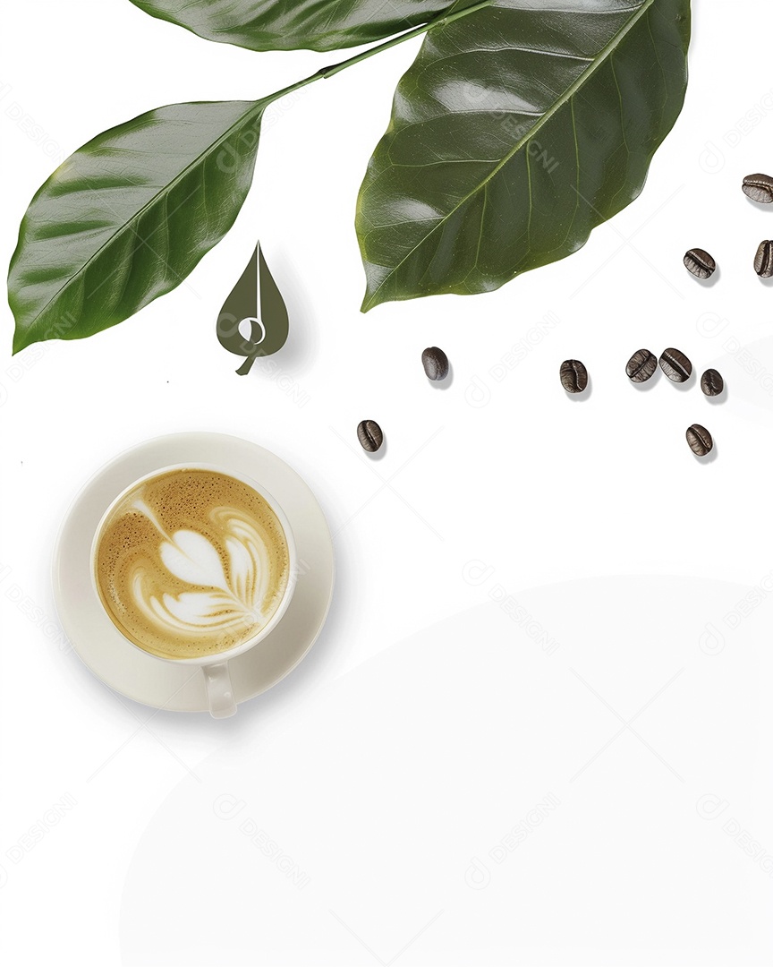 Uma xícara de cappuccino com alguns grãos de café torrados e uma folha de uma planta de café sobre fundo branco