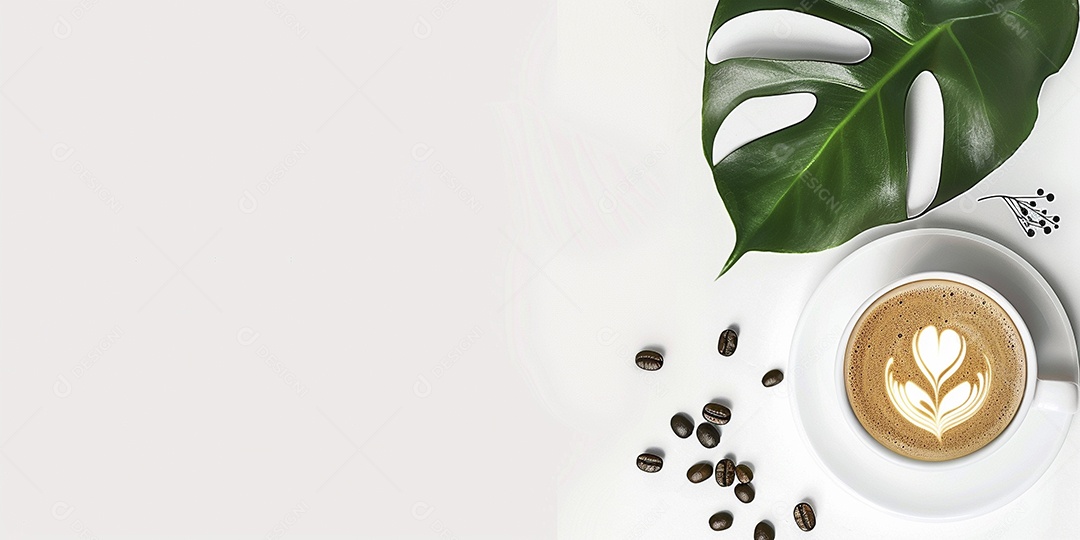 Uma xícara de cappuccino com alguns grãos de café torrados e uma folha de uma planta de café sobre fundo branco