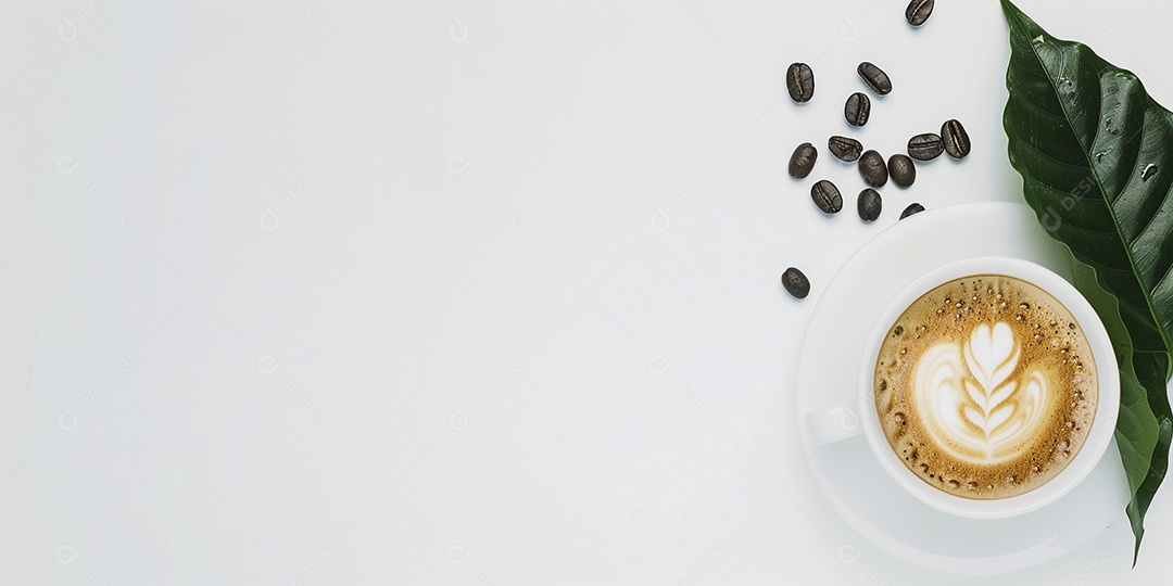 Uma xícara de cappuccino com alguns grãos de café torrados e uma folha de uma planta de café sobre fundo branco
