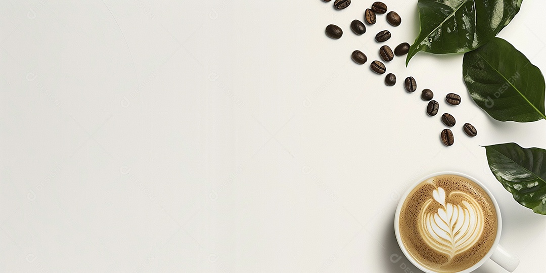 Uma xícara de cappuccino com alguns grãos de café torrados e uma folha de uma planta de café sobre fundo branco