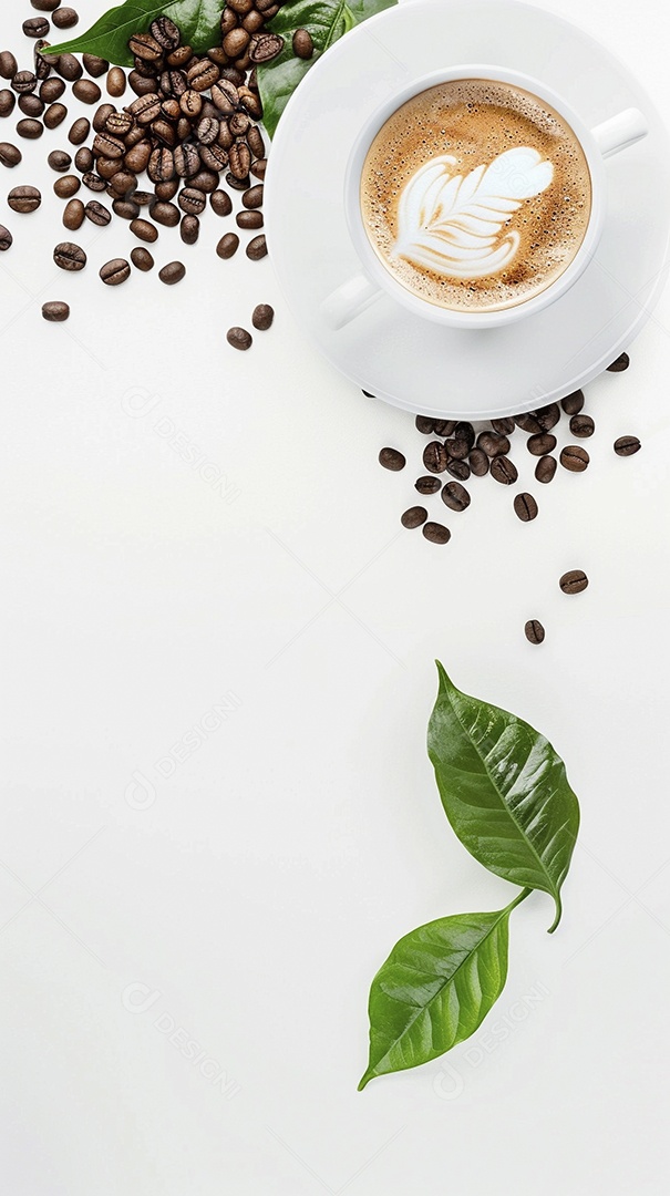 Uma xícara de cappuccino com alguns grãos de café torrados e uma folha de uma planta de café sobre fundo branco