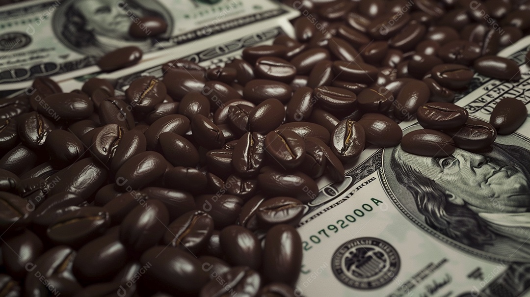 Dólares americanos cobertos com grãos de café em close-up