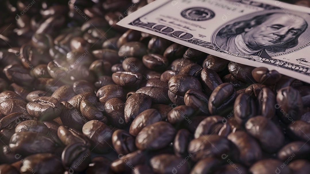 Dólares americanos cobertos com grãos de café em close-up