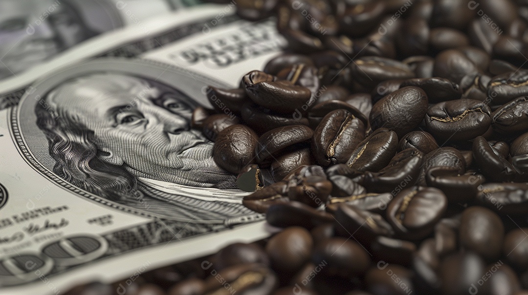 Dólares americanos cobertos com grãos de café em close-up