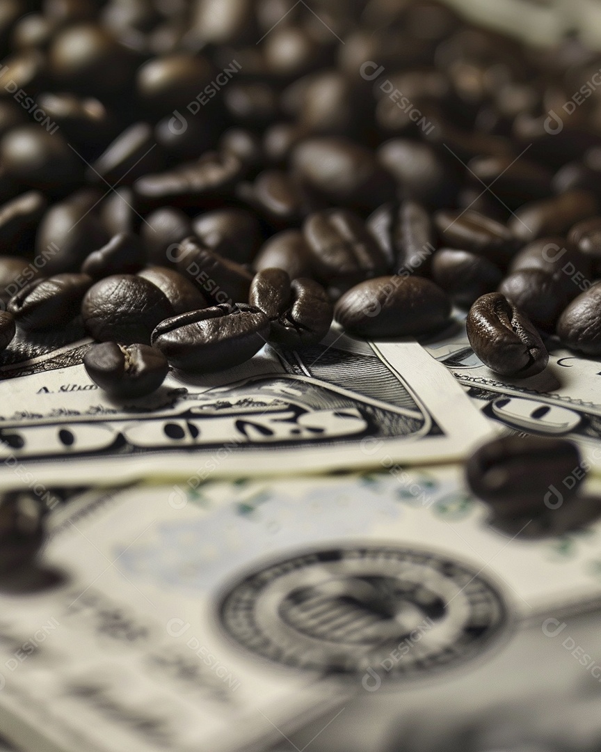 Dólares americanos cobertos com grãos de café em close-up
