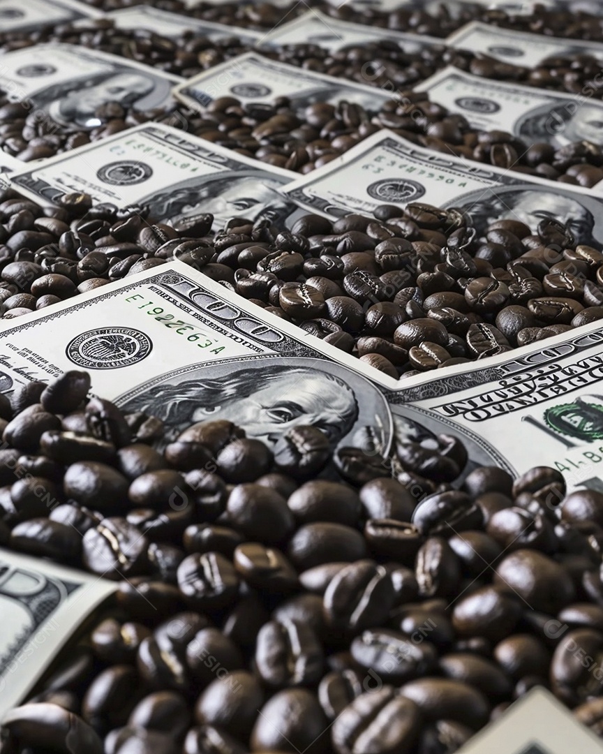Dólares americanos cobertos com grãos de café em close-up