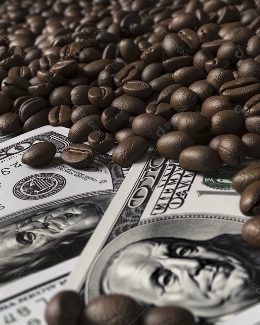 Dólares americanos cobertos com grãos de café em close-up