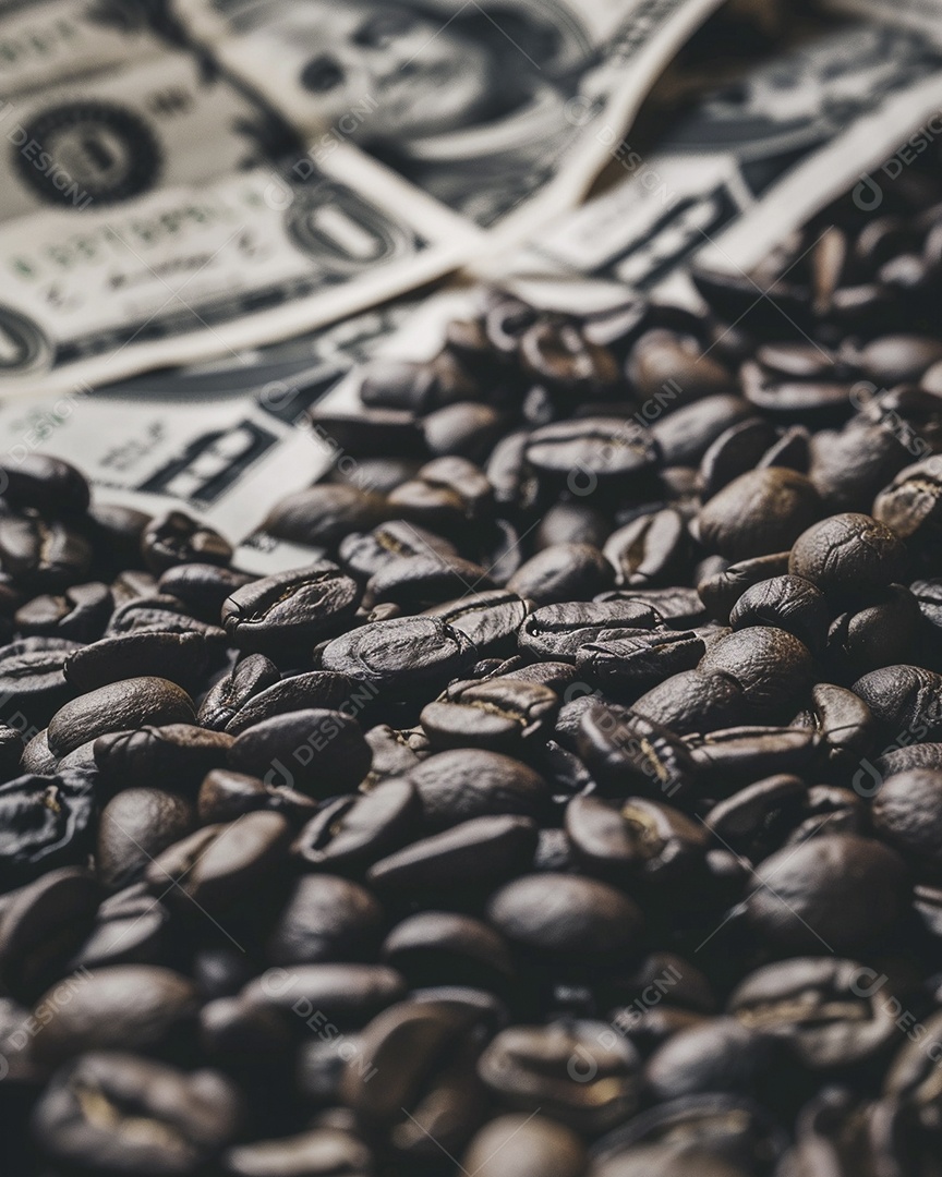 Dólares americanos cobertos com grãos de café em close-up