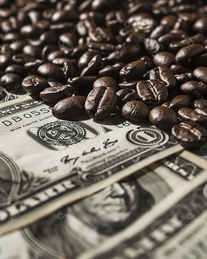 Dólares americanos cobertos com grãos de café em close-up