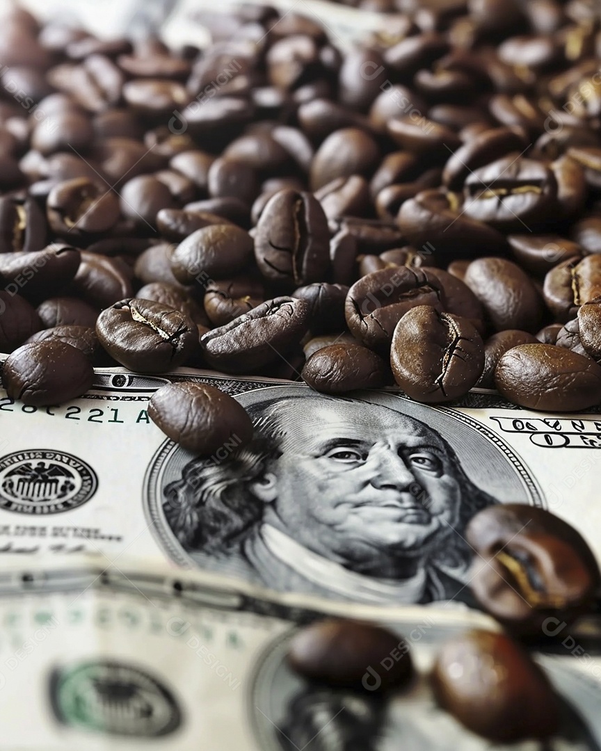 Dólares americanos cobertos com grãos de café em close-up