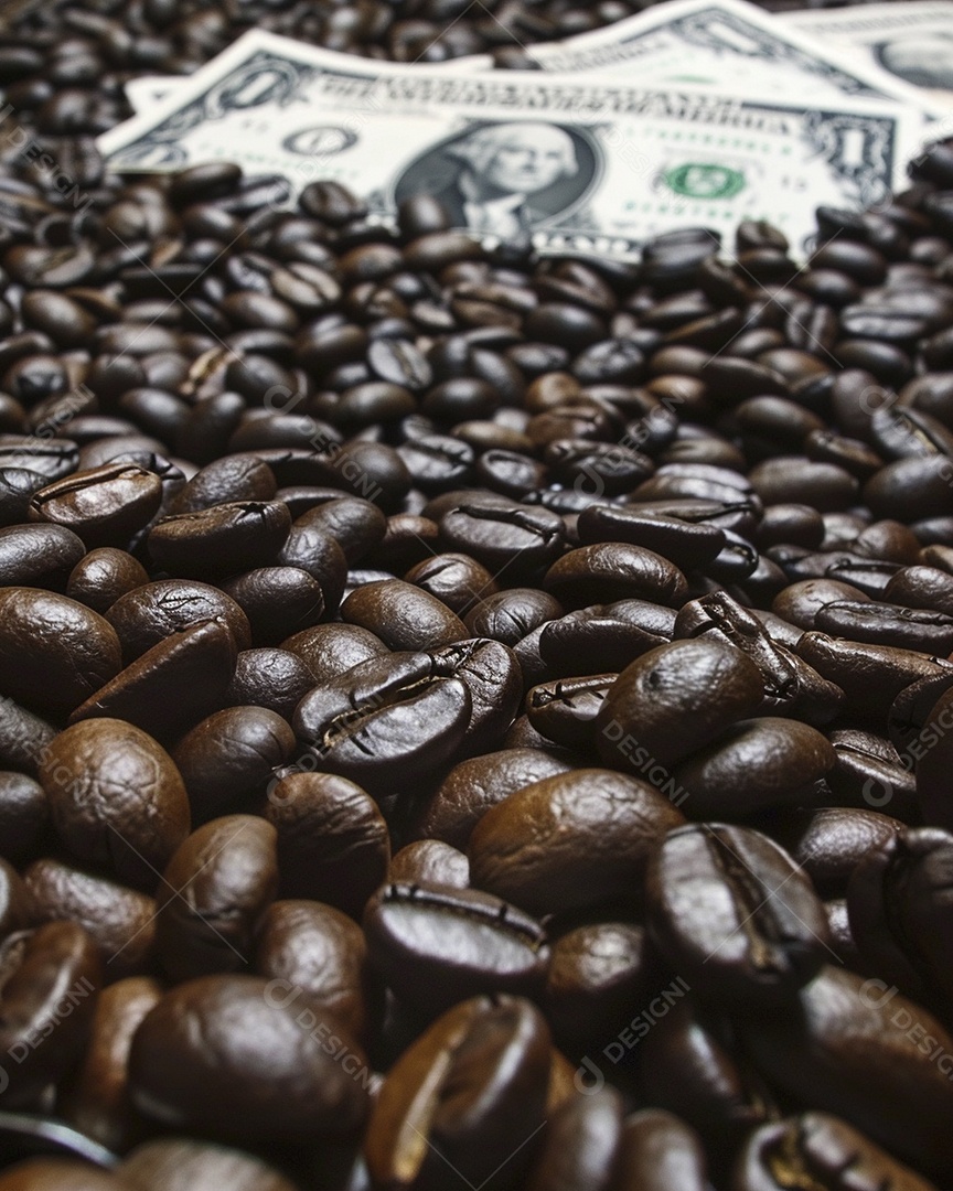 Dólares americanos cobertos com grãos de café em close-up