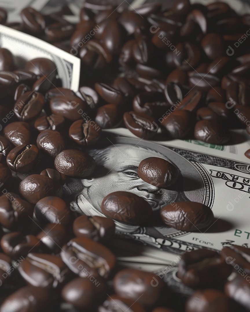Dólares americanos cobertos com grãos de café em close-up