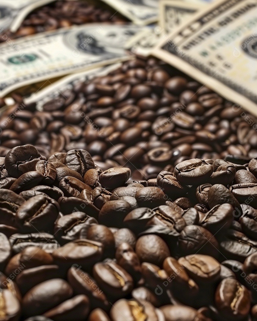 Dólares americanos cobertos com grãos de café em close-up