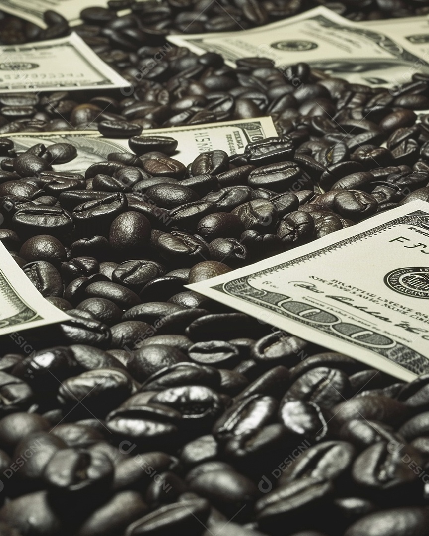 Dólares americanos cobertos com grãos de café em close-up
