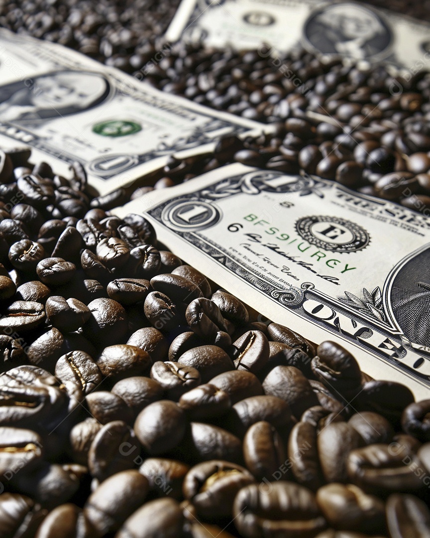Dólares americanos cobertos com grãos de café em close-up