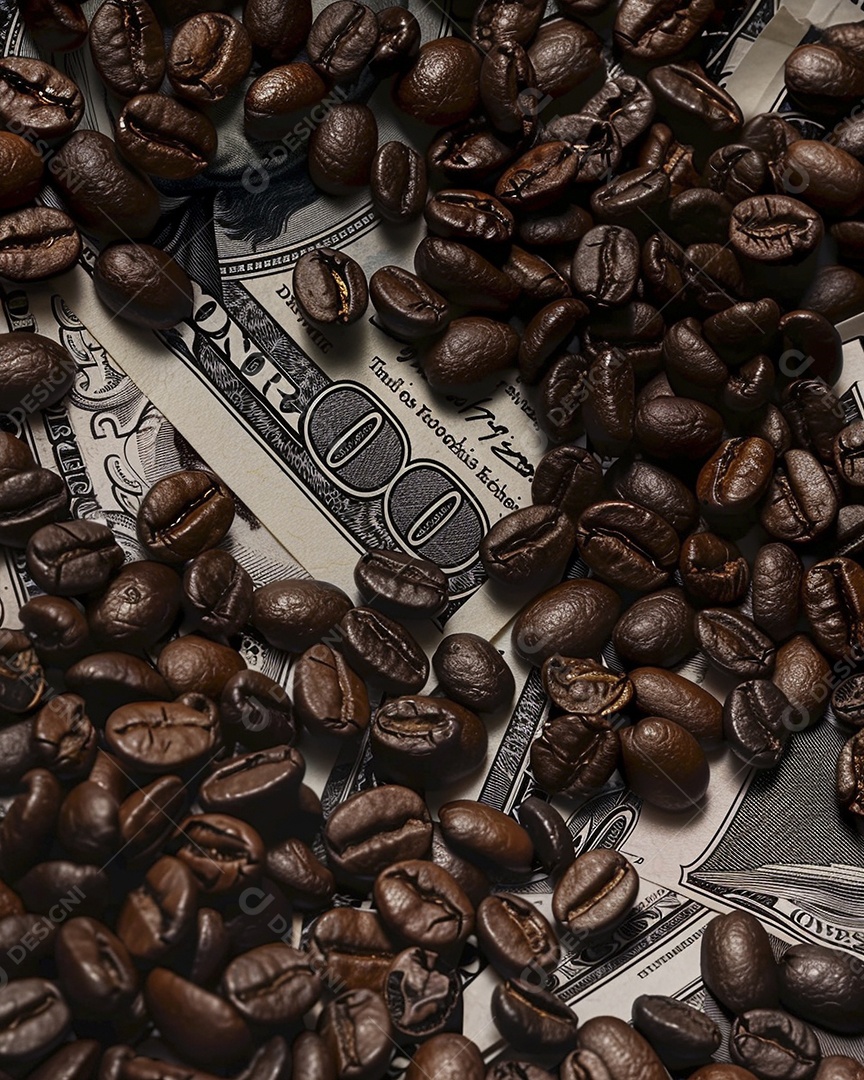 Dólares americanos cobertos com grãos de café em close-up