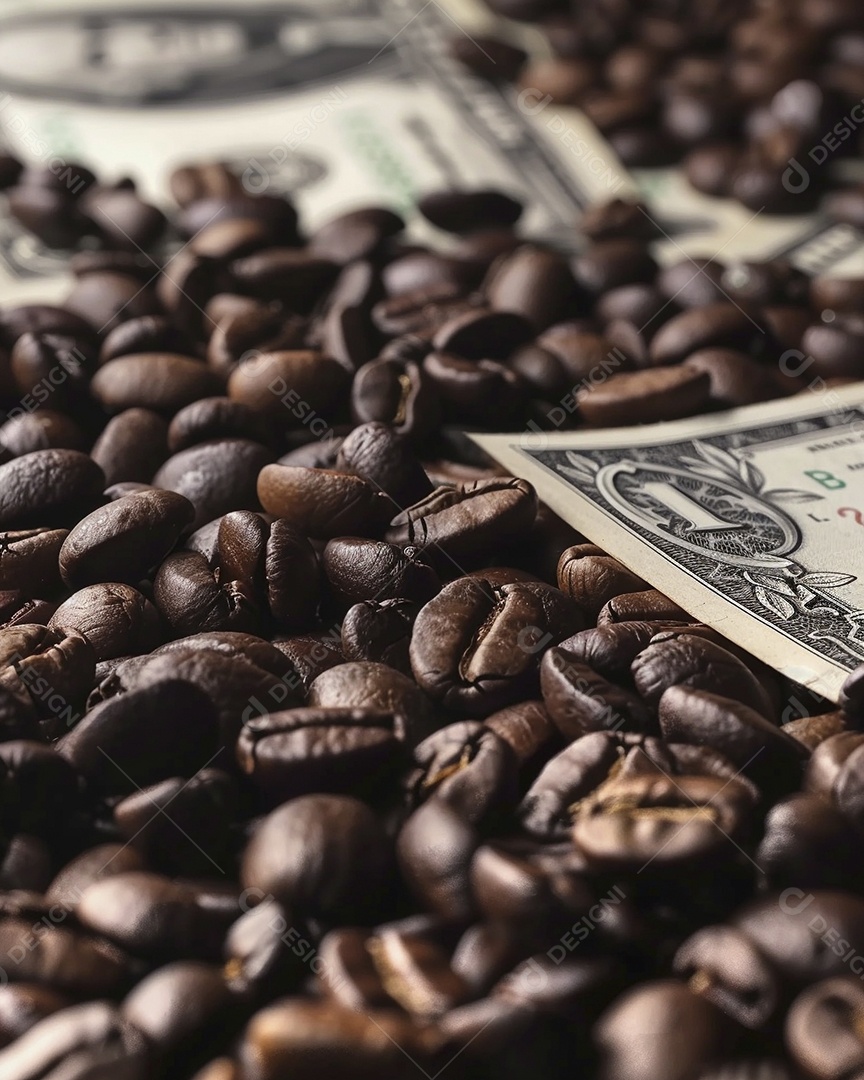 Dólares americanos cobertos com grãos de café em close-up
