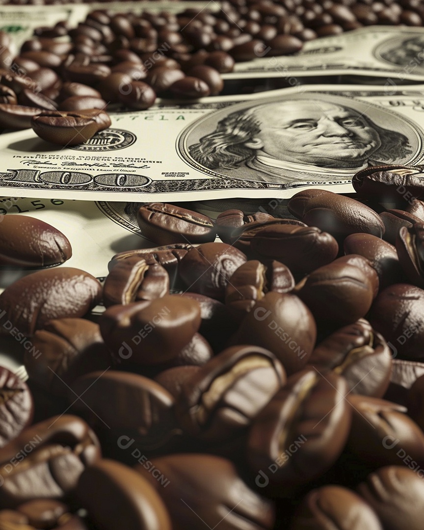 Dólares americanos cobertos com grãos de café em close-up