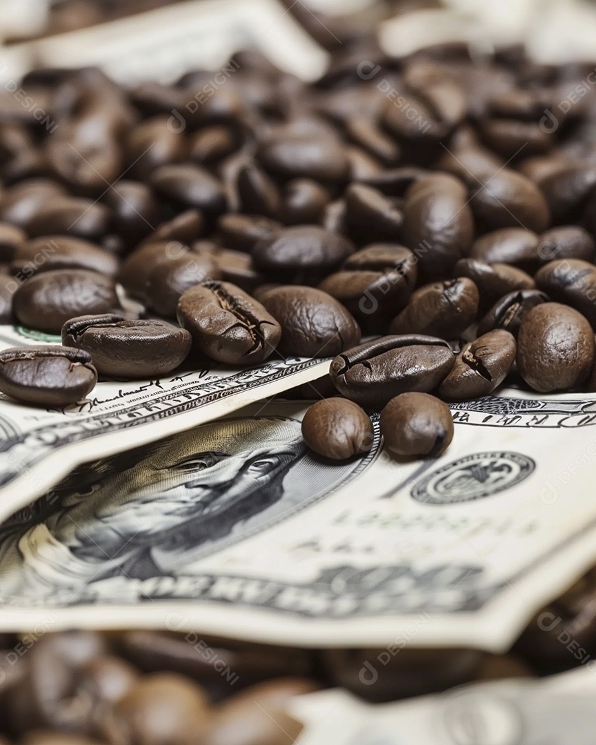 Dólares americanos cobertos com grãos de café em close-up