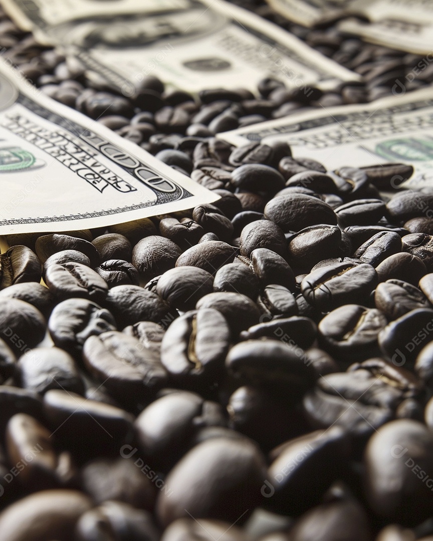 Dólares americanos cobertos com grãos de café em close-up