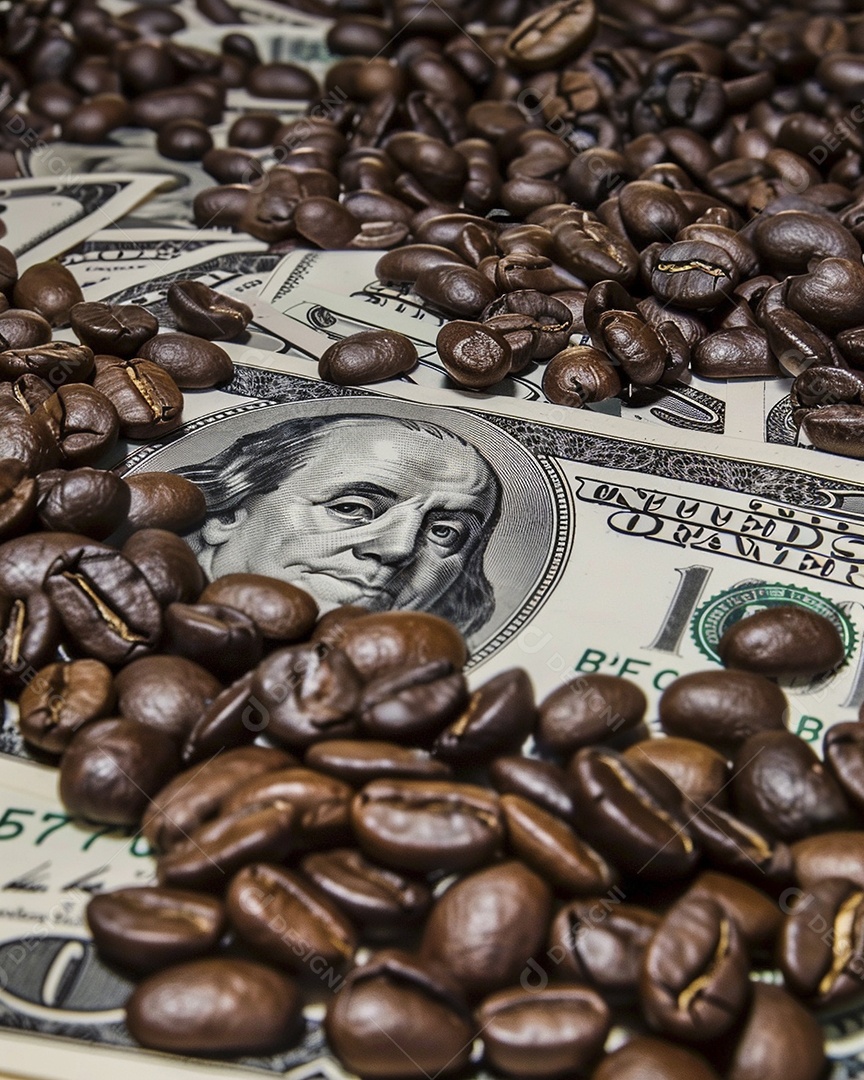 Dólares americanos cobertos com grãos de café em close-up