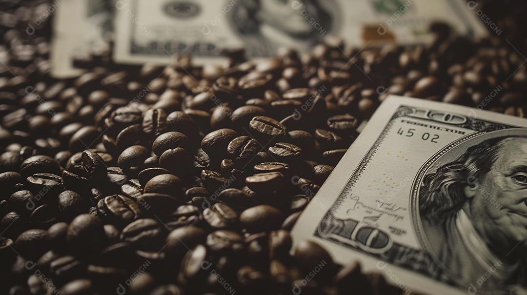Dólares americanos cobertos com grãos de café em close-up
