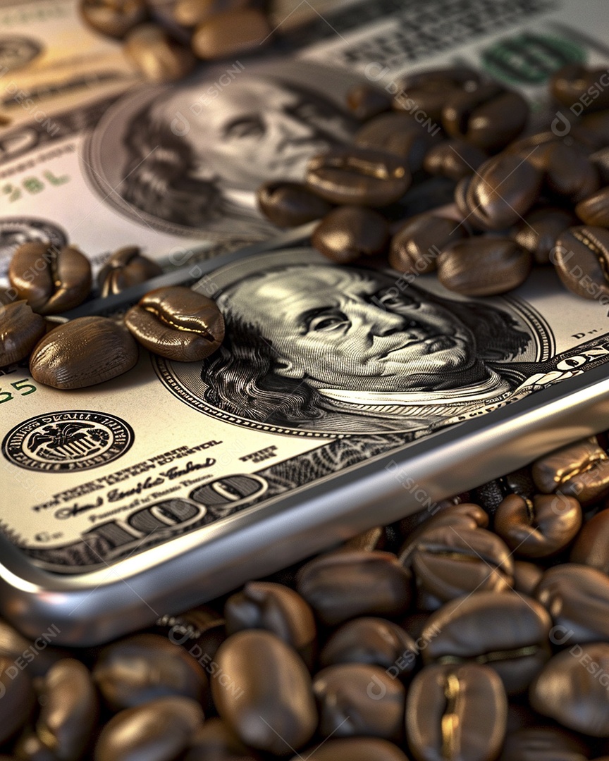 Dólares americanos cobertos com grãos de café em close-up