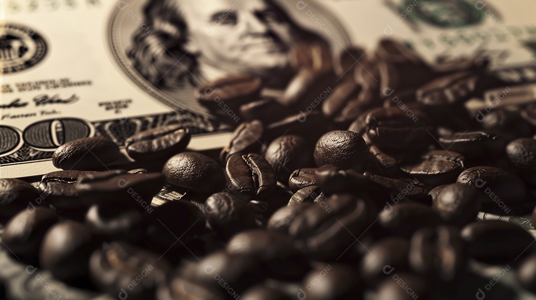Dólares americanos cobertos com grãos de café em close-up