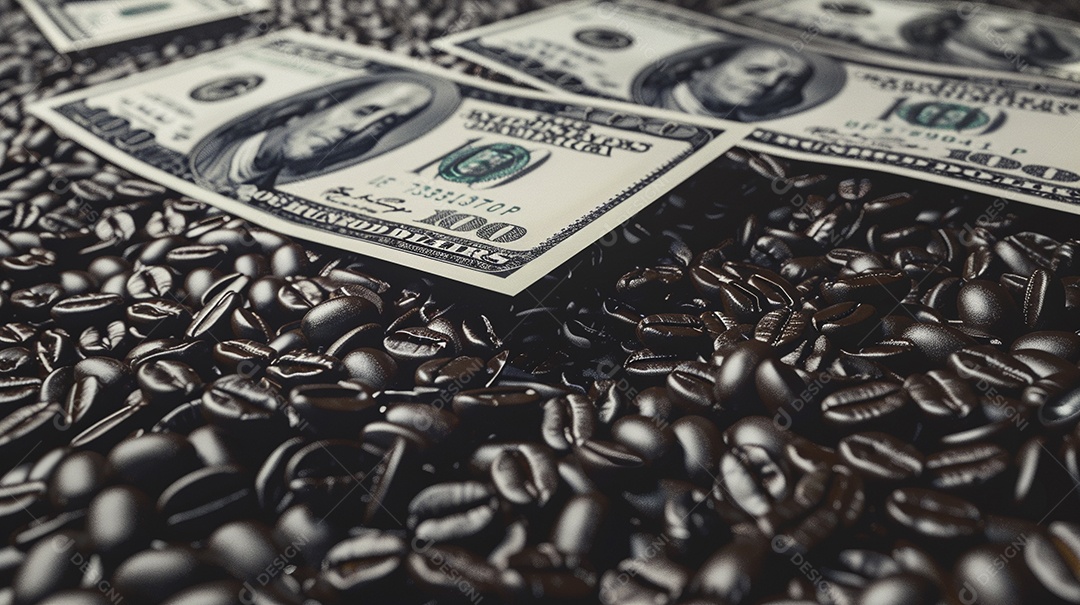 Dólares americanos cobertos com grãos de café em close-up