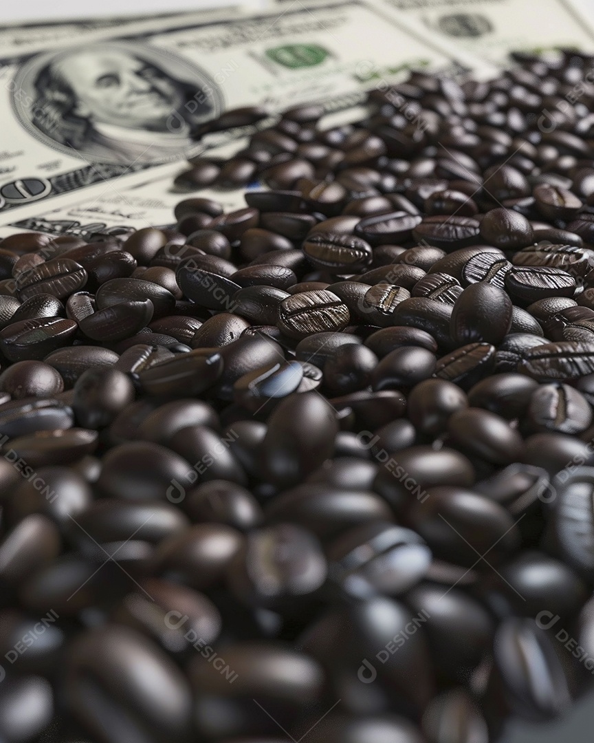 Dólares americanos cobertos com grãos de café em close-up