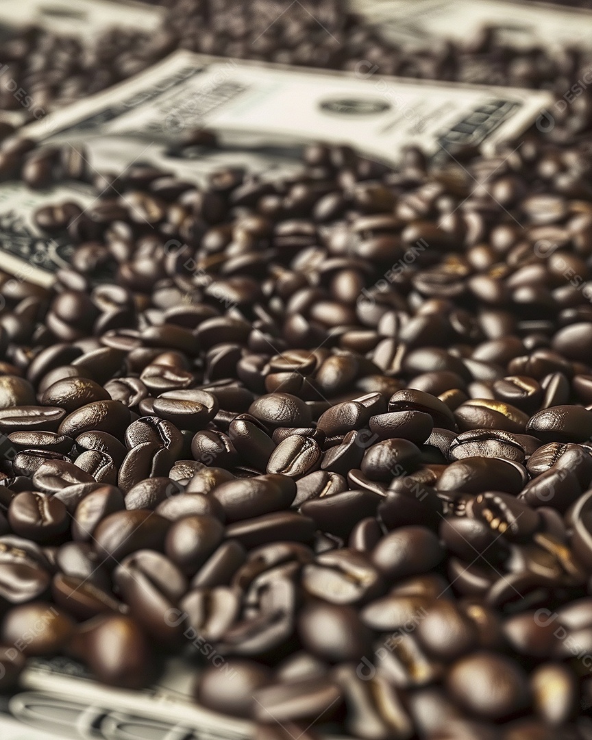 Dólares americanos cobertos com grãos de café em close-up