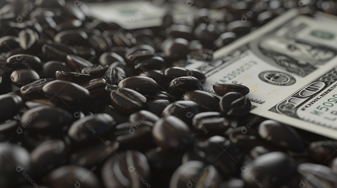 Dólares americanos cobertos com grãos de café em close-up