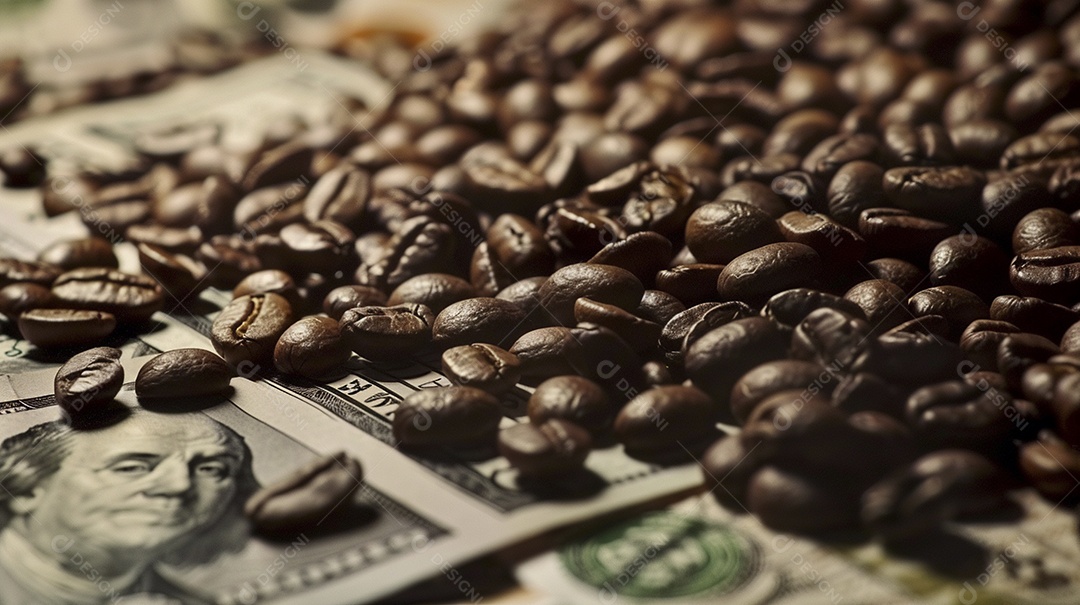 Dólares americanos cobertos com grãos de café em close-up