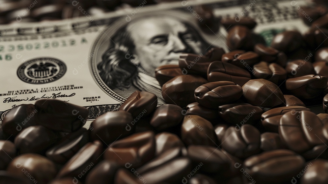 Dólares americanos cobertos com grãos de café em close-up