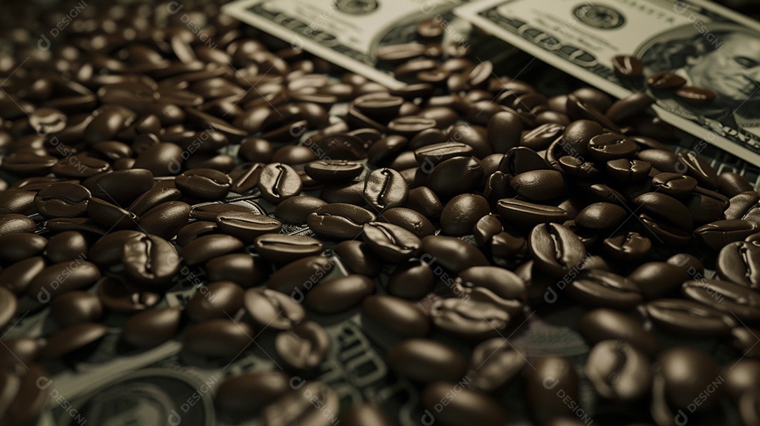 Dólares americanos cobertos com grãos de café em close-up