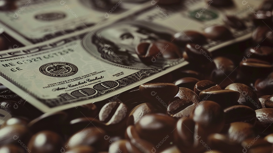 Dólares americanos cobertos com grãos de café em close-up