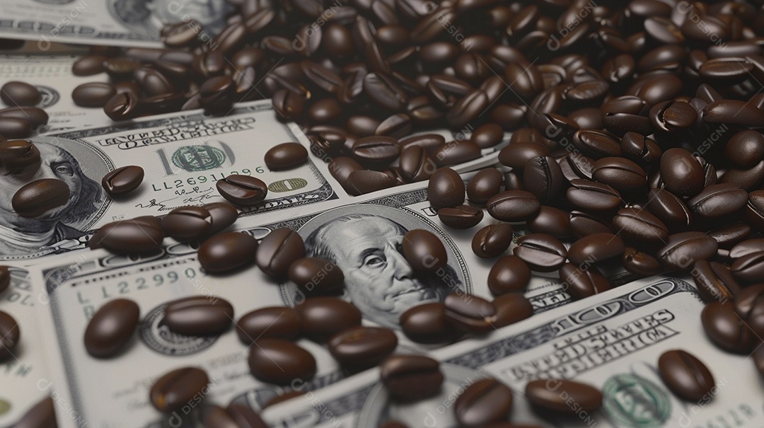 Dólares americanos cobertos com grãos de café em close-up