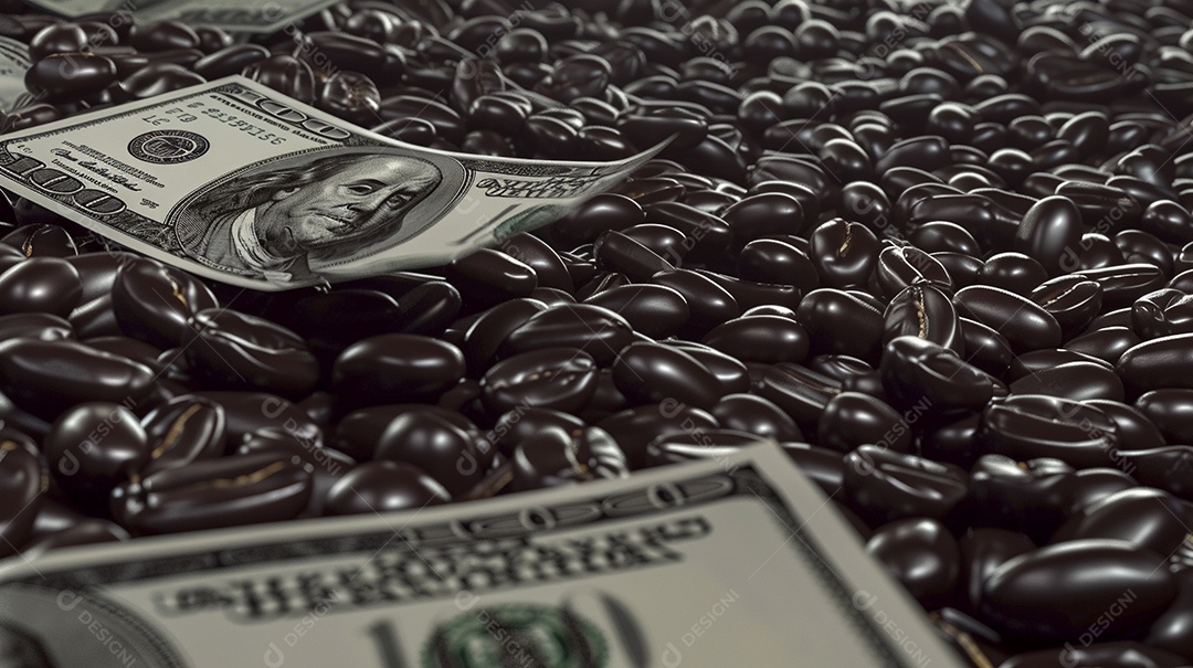 Dólares americanos cobertos com grãos de café em close-up