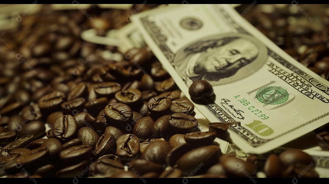 Dólares americanos cobertos com grãos de café em close-up