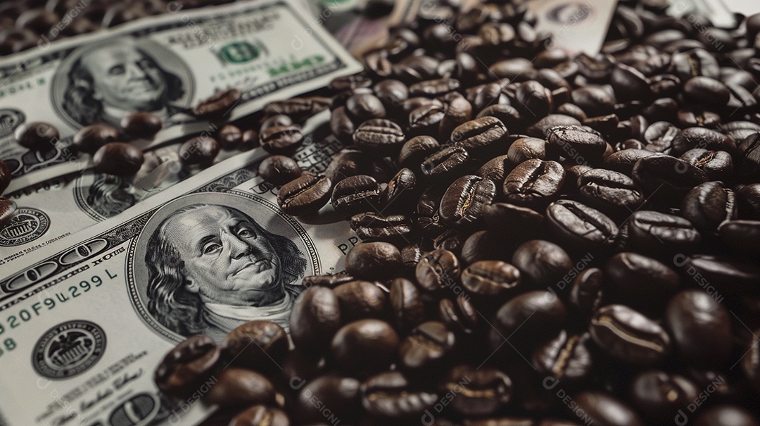 Dólares americanos cobertos com grãos de café em close-up
